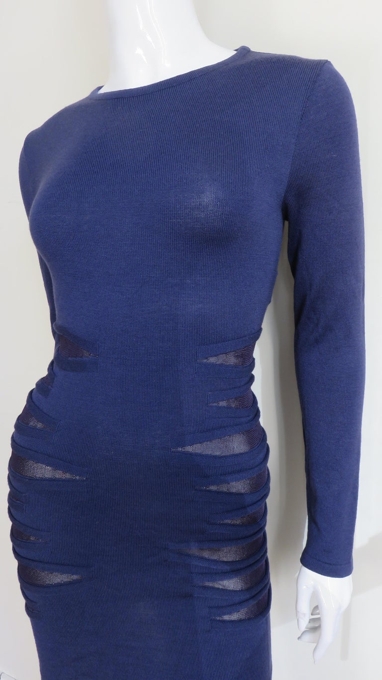 Versace Navy Bodycon Dress with Mesh Cut outs In Good Condition For Sale In Water Mill, NY