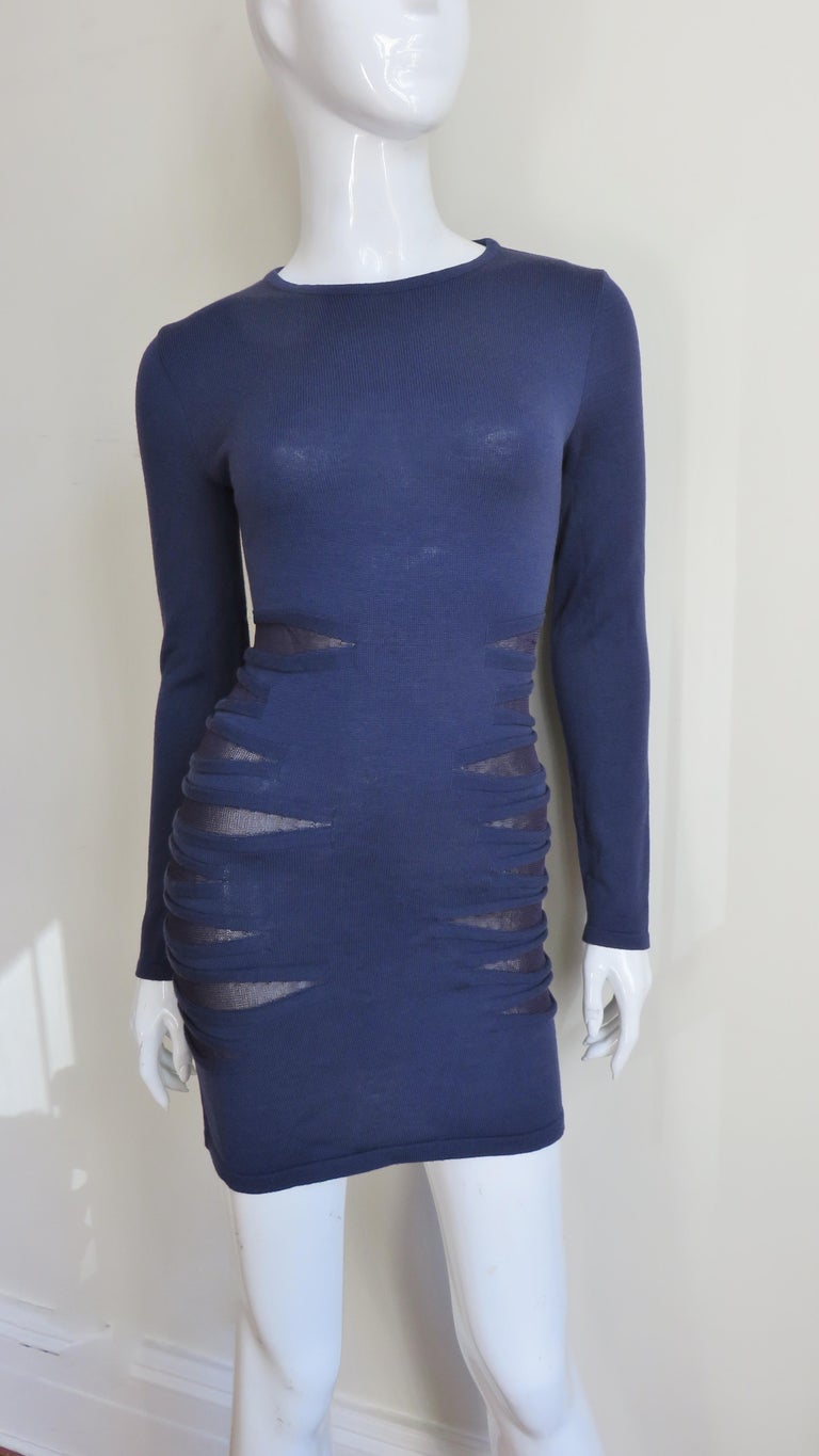 Versace Navy Bodycon Dress with Mesh Cut outs For Sale 1