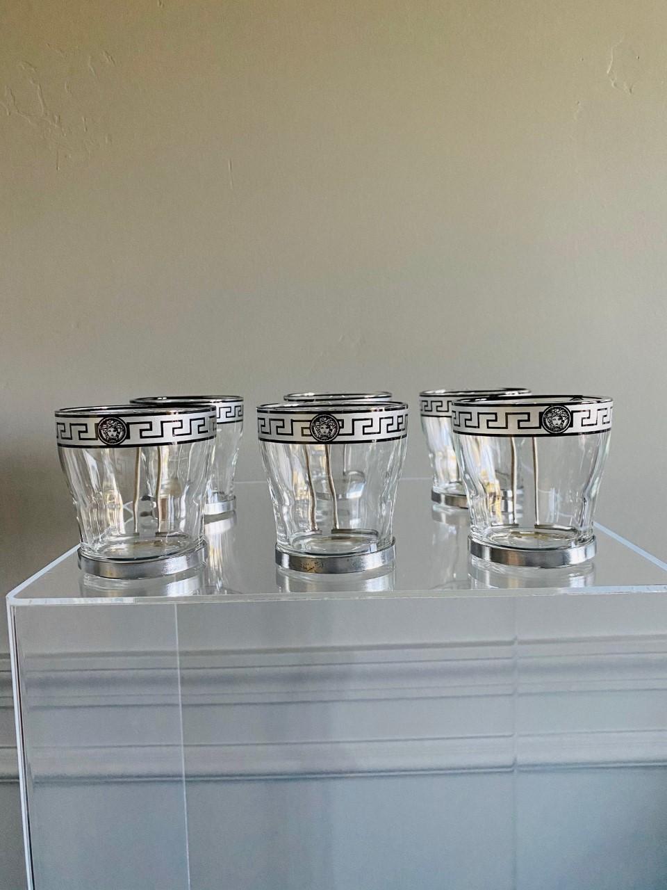 Stylish set of 6 glass espresso cups with stainless steel handle. 3.5 ounce capacity each. The Bormioli Rocco Oslo design makes them a Classic. The Greek key design with the Medusa medallion in silver transforms these cups into a chic statement.