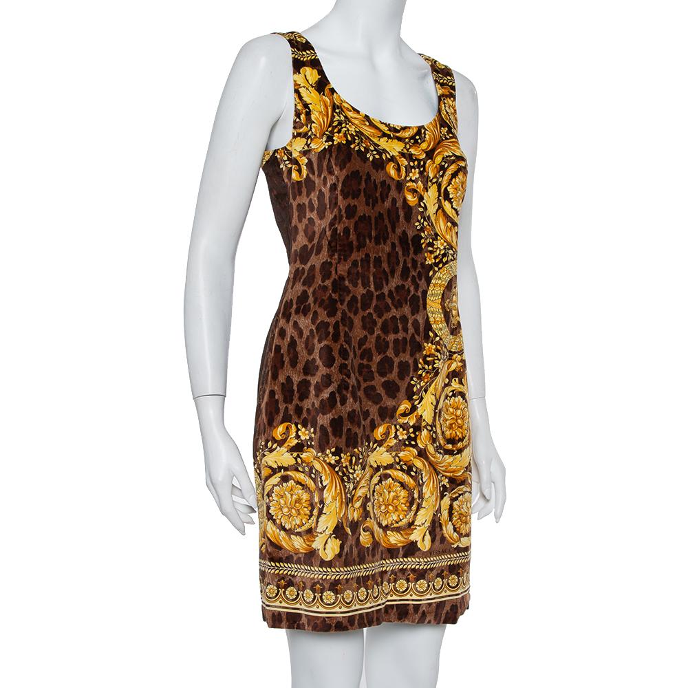Versace Brown Animal and Baroque Print Velvet Sleeveless Sheath Dress M In Good Condition In Dubai, Al Qouz 2