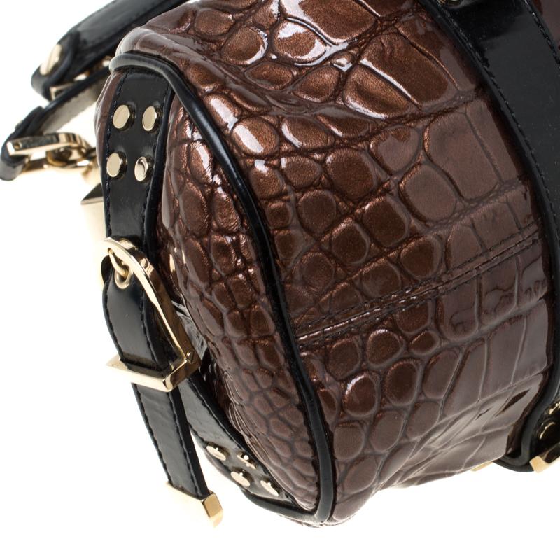 Versace Brown/Black Croc Embossed Patent Leather Madonna Boston Bag 3