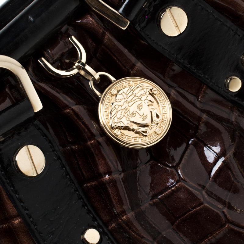 Versace Brown/Black Croc Embossed Patent Leather Madonna Boston Bag 1