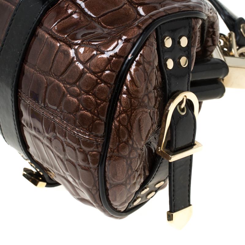 Versace Brown/Black Croc Embossed Patent Leather Madonna Boston Bag 2