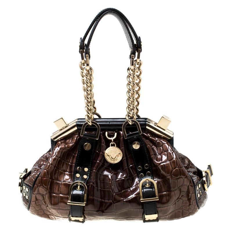 Versace Brown/Black Croc Embossed Patent Leather Madonna Boston Bag