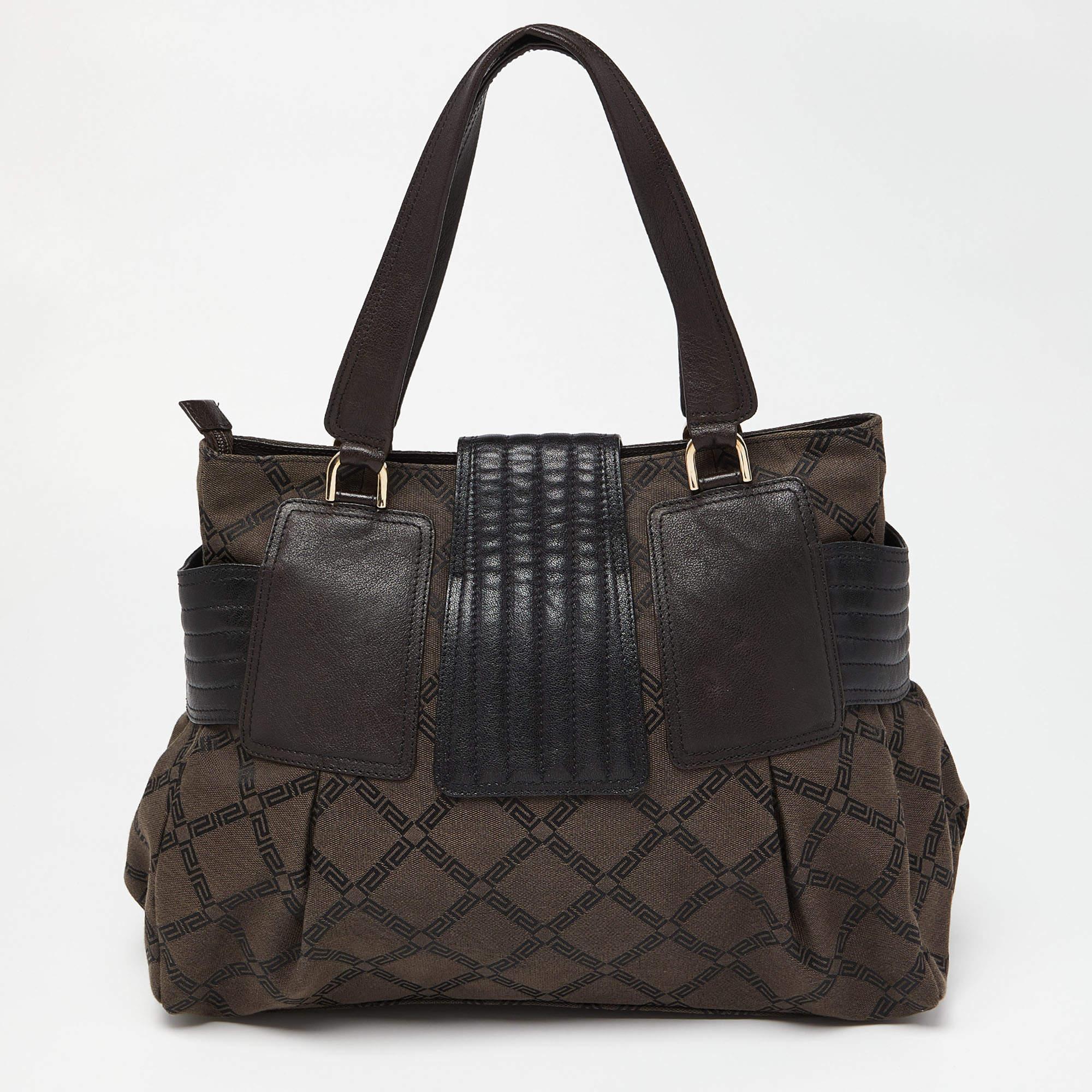 Versace Brown/Black Monogram Fabric and Leather Medusa Tote For Sale 6