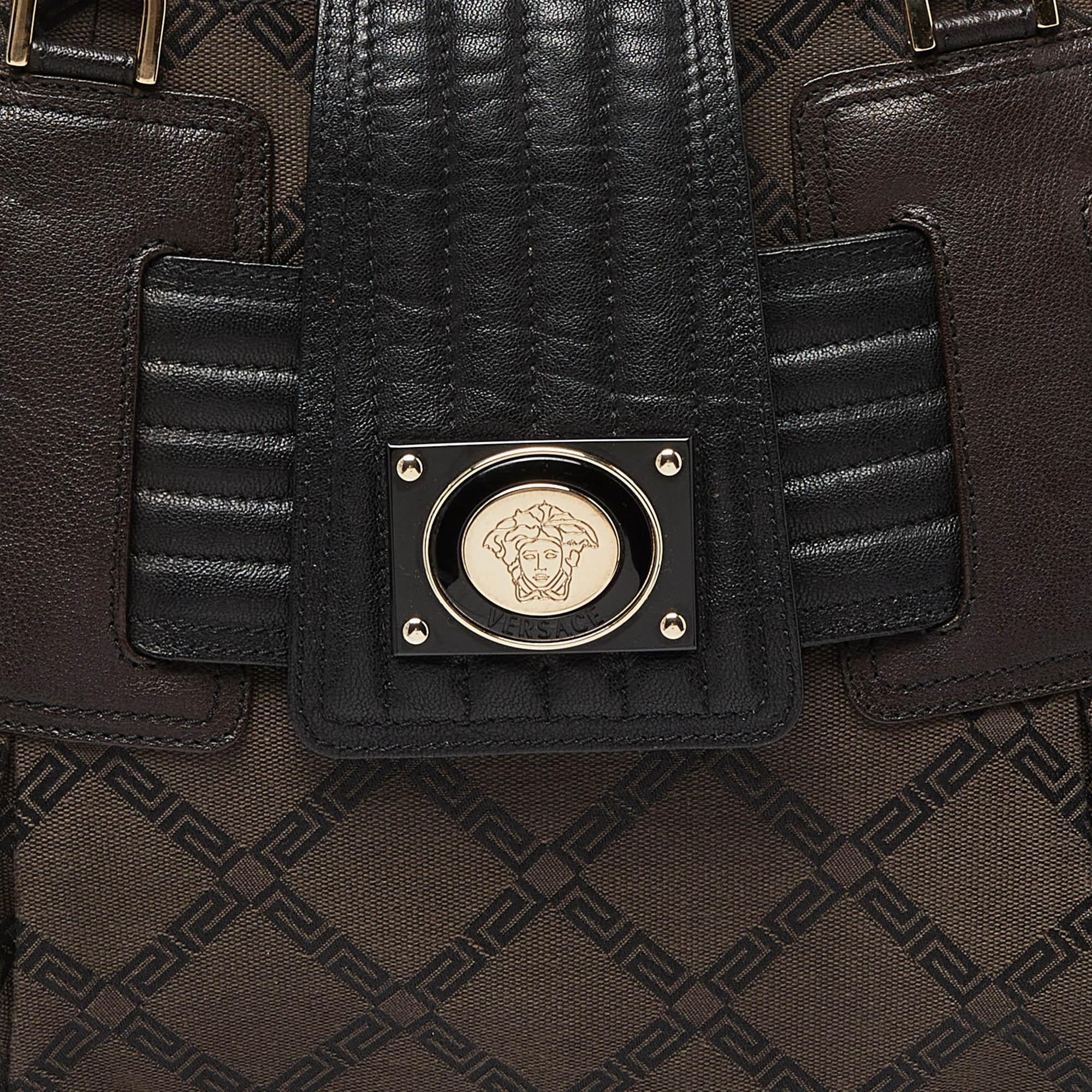 Versace Brown/Black Monogram Fabric and Leather Medusa Tote For Sale 3