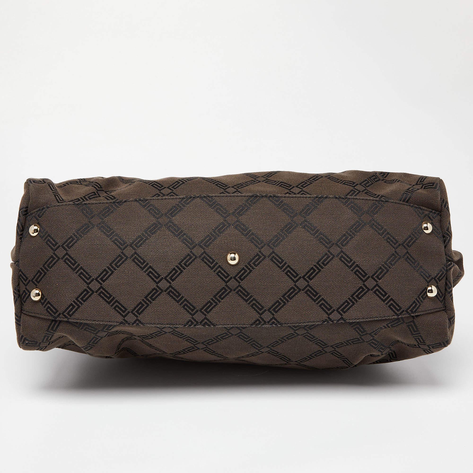 Versace Brown/Black Monogram Fabric and Leather Medusa Tote en vente 5