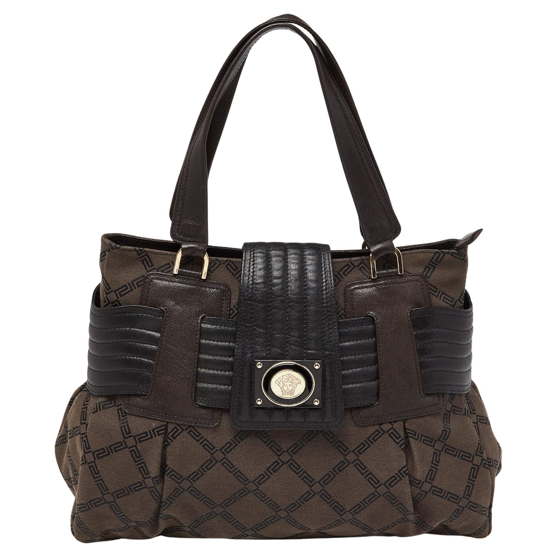 Versace Brown/Black Monogram Fabric and Leather Medusa Tote For Sale