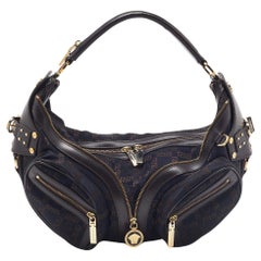 Versace Brown/Black Signature Fabric and Leather Biker Hobo