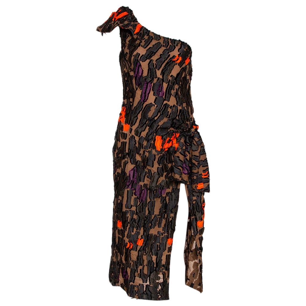 Versace Brown Camouflage Fil Coupé One-Shoulder Dress S