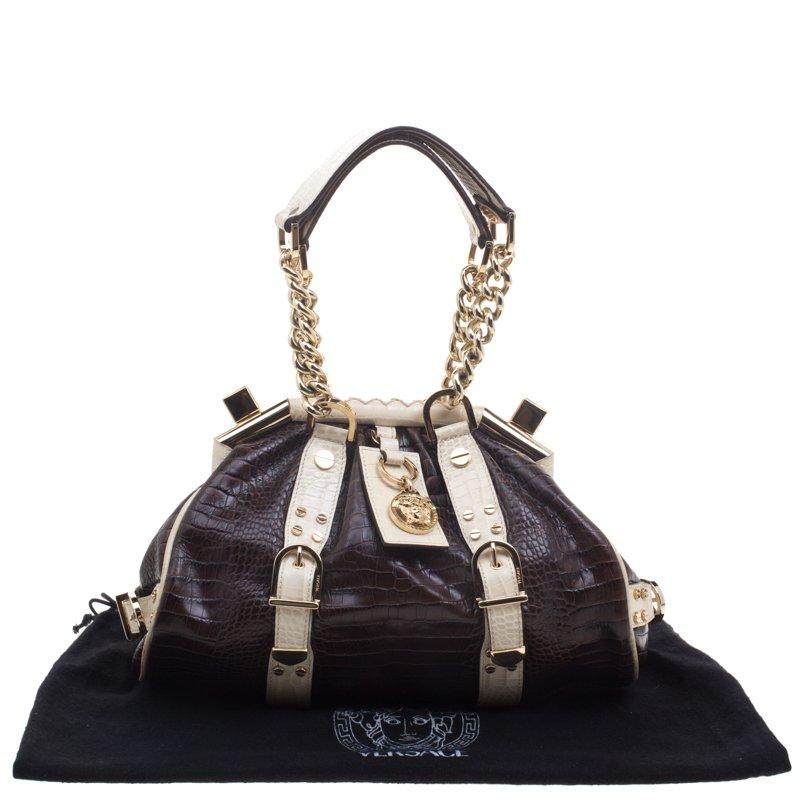 Versace Brown/Cream Croc Embossed Leather Madonna Boston Bag 5