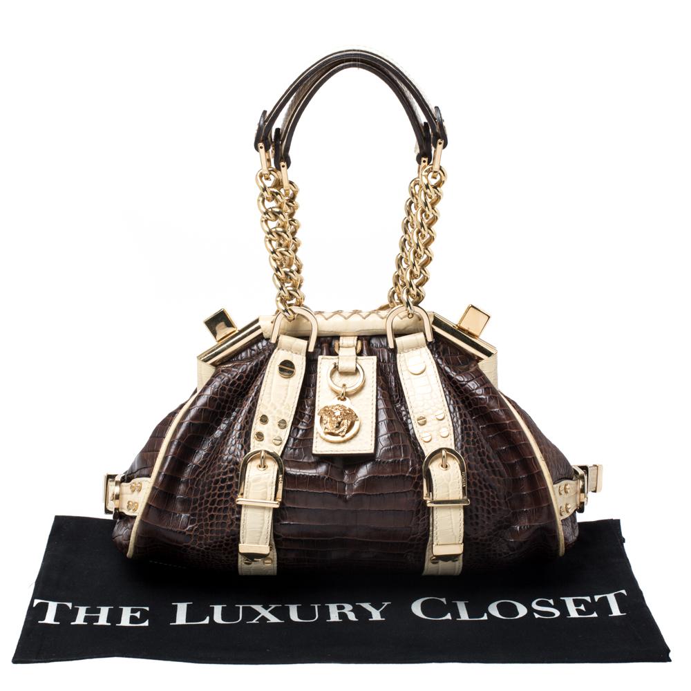 Versace Brown/Cream Croc Embossed Leather Madonna Boston Bag 5