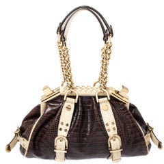 Versace Brown/Cream Croc Embossed Leather Madonna Boston Bag