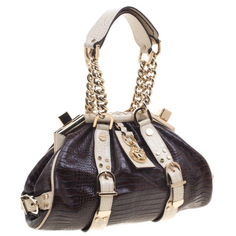 Black Versace Brown/Cream Croc Embossed Leather Madonna Boston Bag