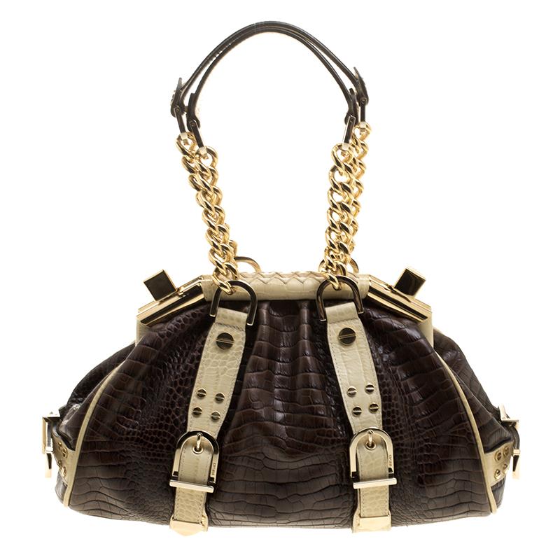 Black Versace Brown/Cream Croc Embossed Leather Madonna Boston Bag