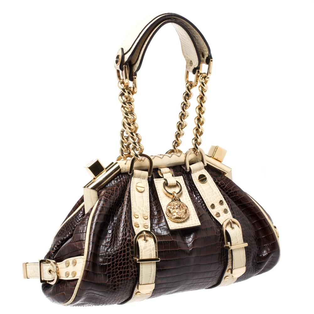 Black Versace Brown/Cream Croc Embossed Leather Madonna Boston Bag