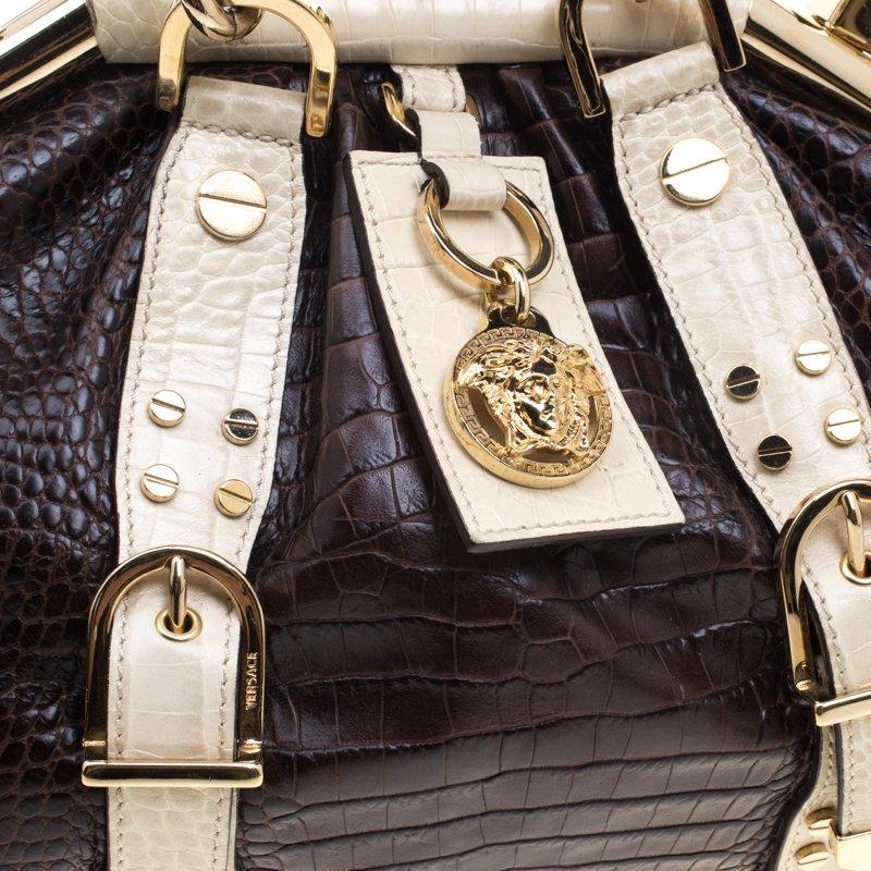 Versace Brown/Cream Croc Embossed Leather Madonna Boston Bag In Good Condition In Dubai, Al Qouz 2