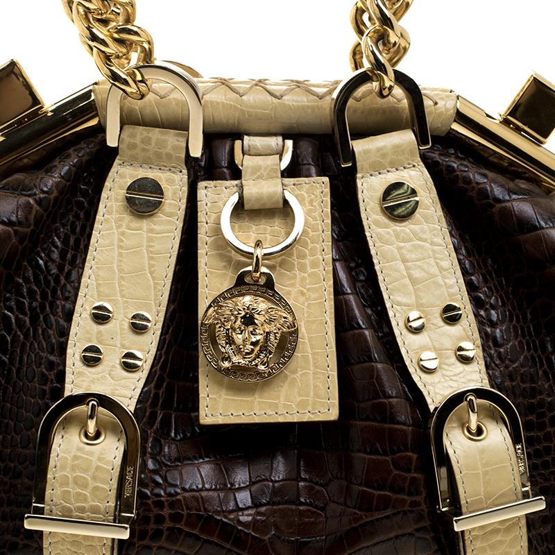 Versace Brown/Cream Croc Embossed Leather Madonna Boston Bag In Excellent Condition In Dubai, Al Qouz 2