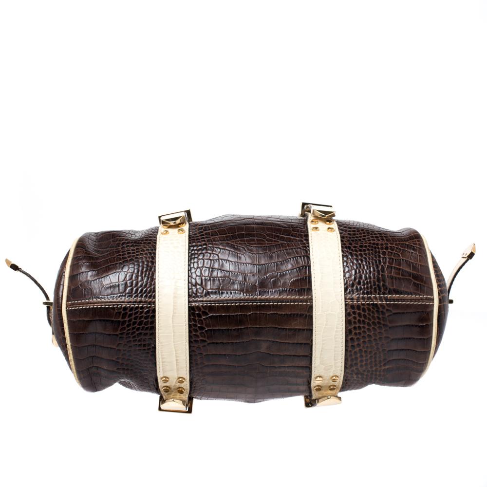Versace Brown/Cream Croc Embossed Leather Madonna Boston Bag In Good Condition In Dubai, Al Qouz 2