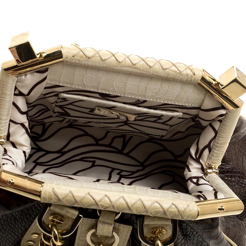 Versace Brown/Cream Croc Embossed Leather Madonna Boston Bag 1