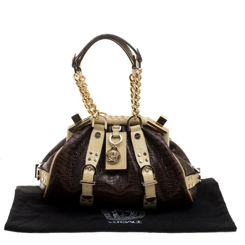 Versace Brown/Cream Croc Embossed Leather Madonna Boston Bag 3