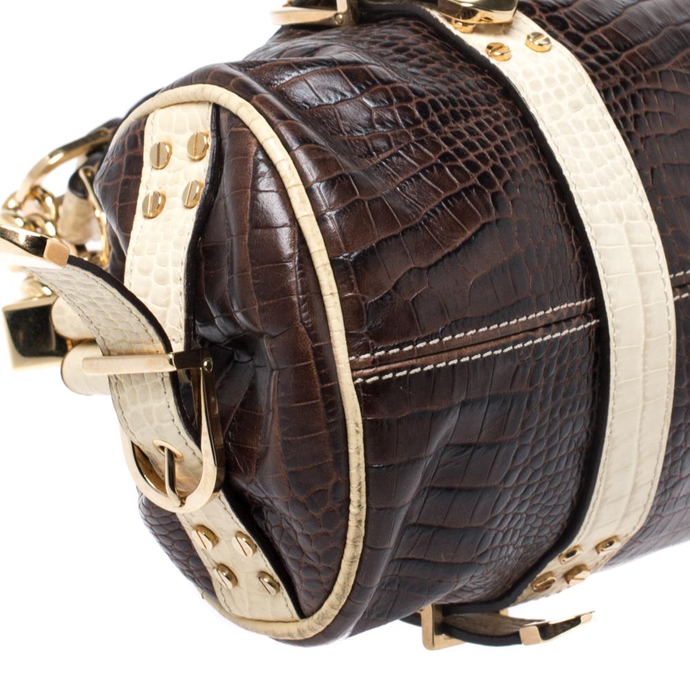 Versace Brown/Cream Croc Embossed Leather Madonna Boston Bag 3