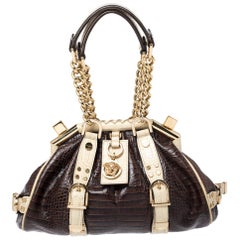 Versace Brown/Cream Croc Embossed Leather Madonna Boston Bag