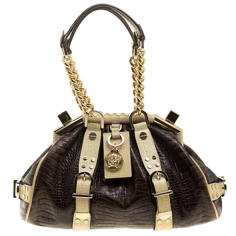 Versace Brown/Cream Croc Embossed Leather Madonna Boston Bag For Sale at  1stDibs