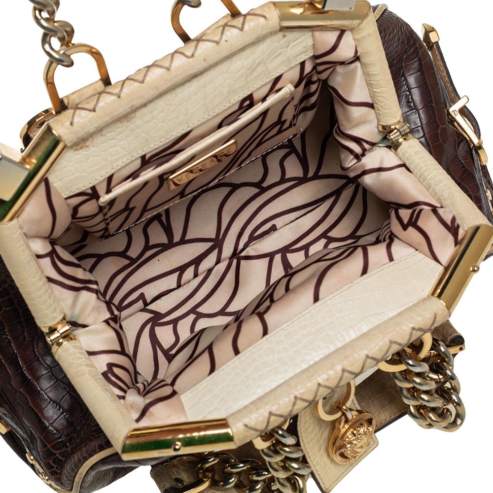 Versace Brown/Cream Croc Embossed Leather Madonna Satchel 5