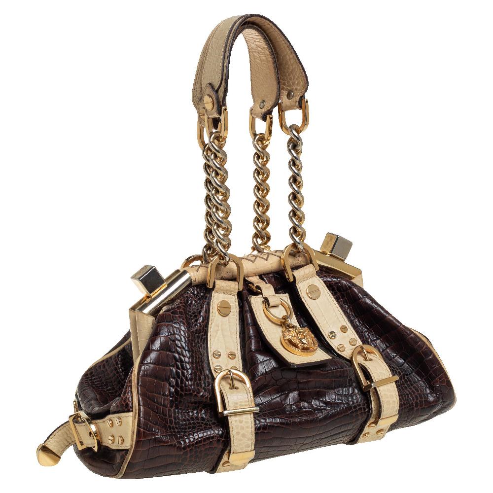 Versace Brown/Cream Croc Embossed Leather Madonna Satchel In Good Condition In Dubai, Al Qouz 2