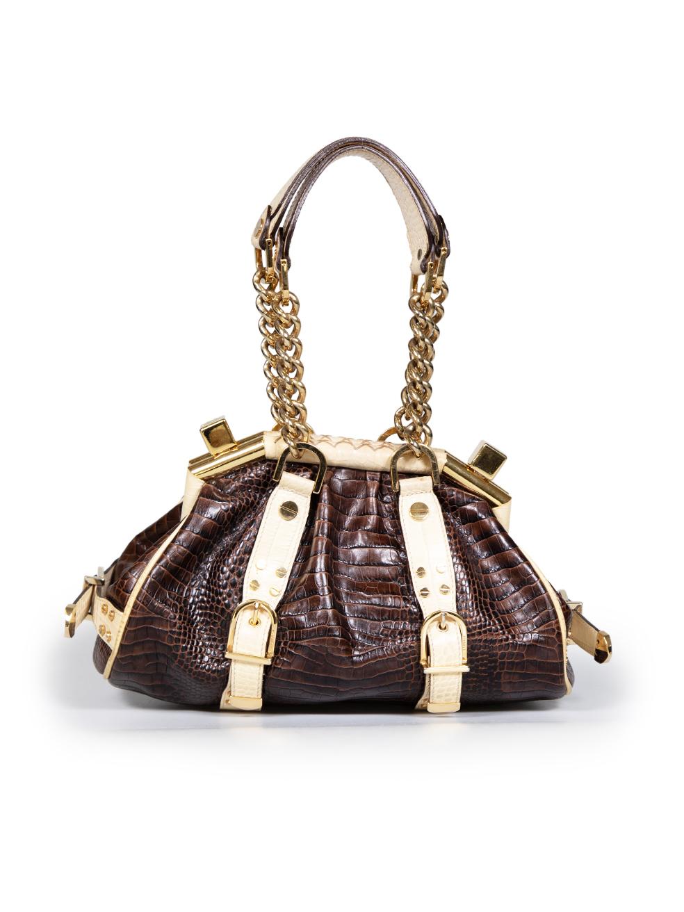 Black Versace Brown Croc Embossed Madonna Boston Bag