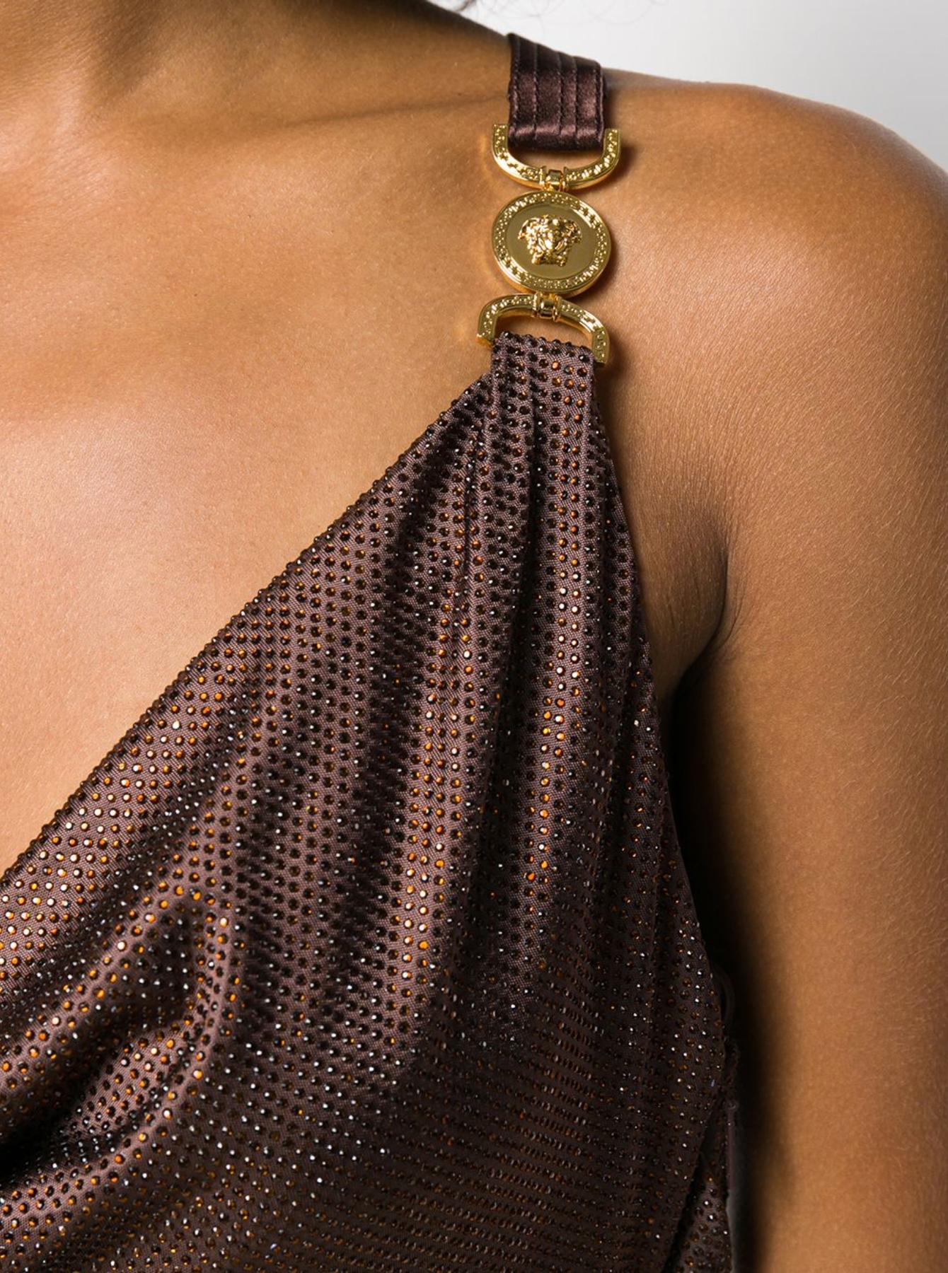 Versace Brown Crystal Embellished Open Back Draped Mini Cocktail Dress Size 40 4