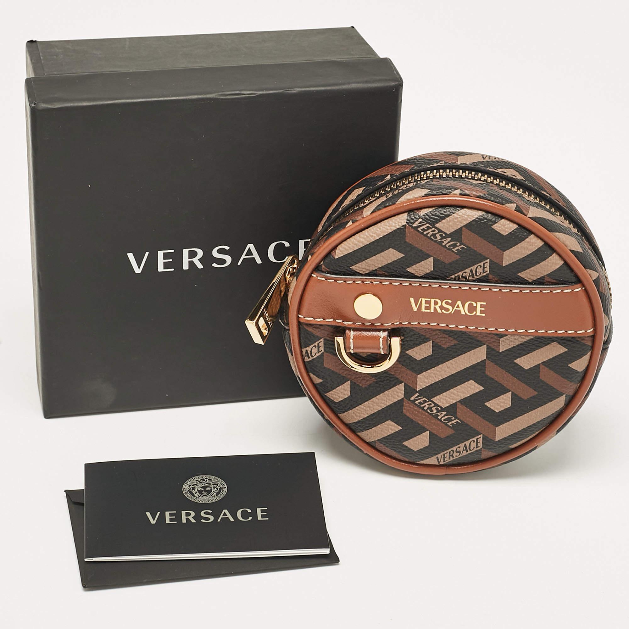 Donna Marsupio rotondo modulare in tela Coates firmato Versace Brown La Greca in vendita