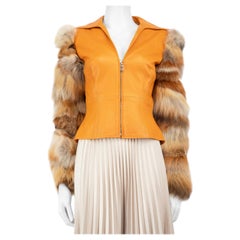 Versace Brown Leather Fur Sleeves Jacket Size M