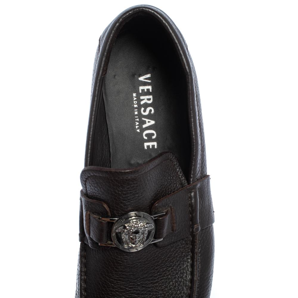 Versace Brown Leather Medusa Embellished Slip On Loafers 41 1
