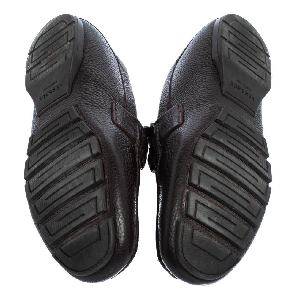Versace Brown Leather Medusa Embellished Slip On Loafers 41 2