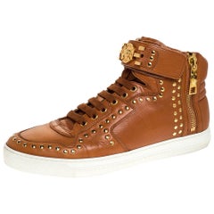 Versace Brown Leather Studded Medusa High Top Sneakers Size 43