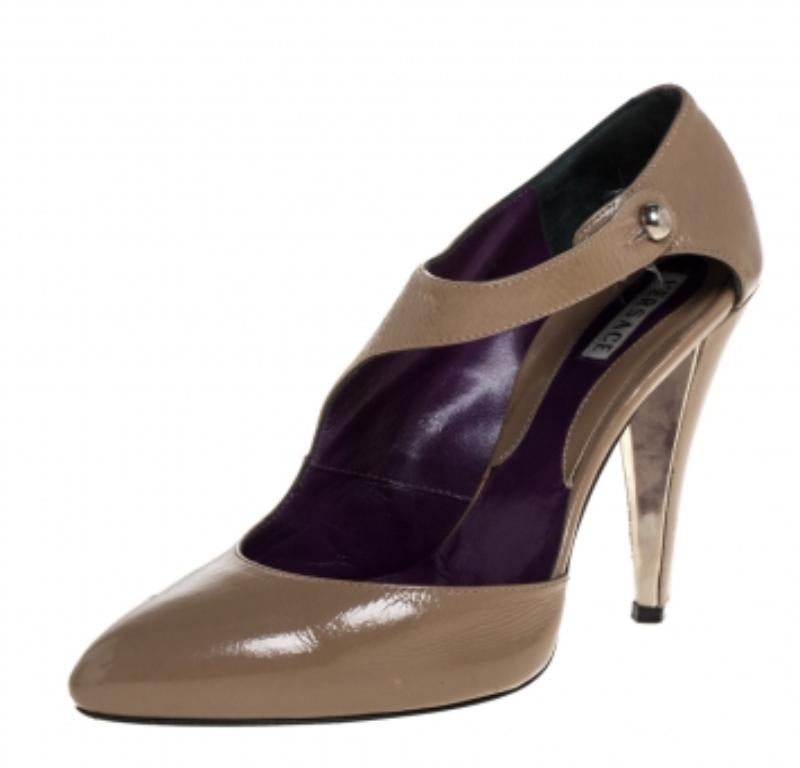 Versace Brown Patent Leather Half D'Orsay Ankle Strap Pumps Size 34.5 For Sale 2