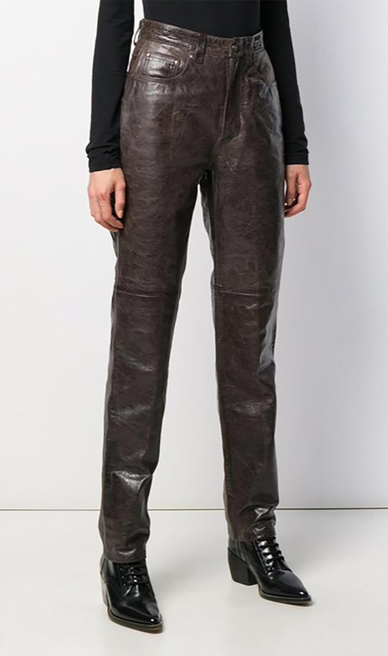 Versace Brown Slim Leather Trousers For Sale at 1stdibs