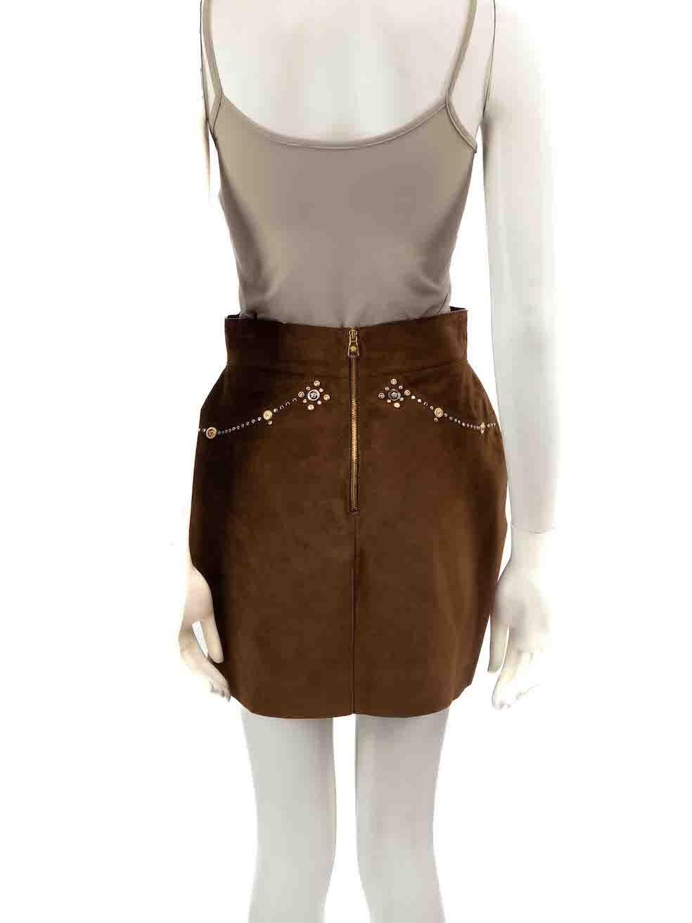 Versace Brown Suede Embellished Mini Skirt Size XS In New Condition For Sale In London, GB