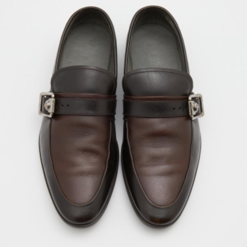 Men's Versace Brown Two Tone Leather Buckle Detail Slip On Loafers Size 41 For Sale