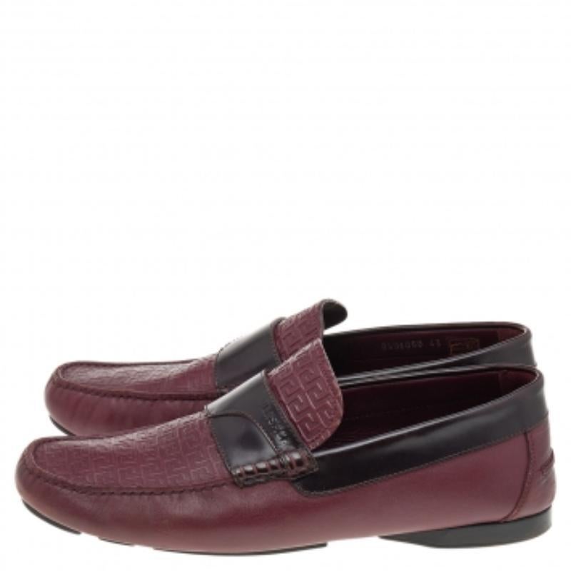 Men's Versace Burgundy Monogram Embossed Leather Slip On Loafers Size 43