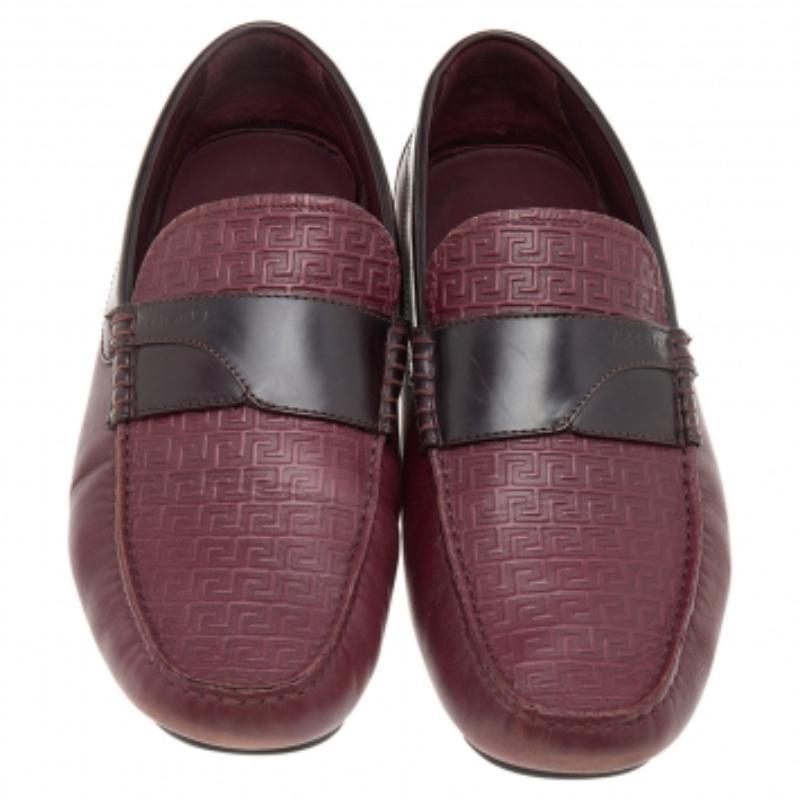 Versace Burgundy Monogram Embossed Leather Slip On Loafers Size 43 2