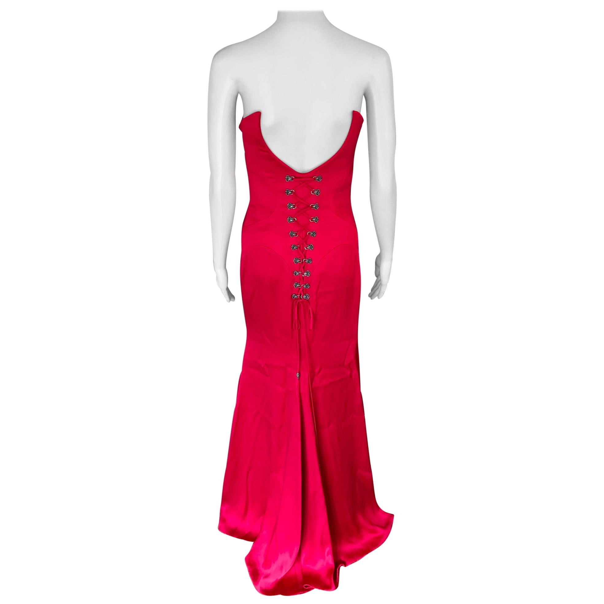 Versace Bustier Corset Satin Red Evening Dress Gown 