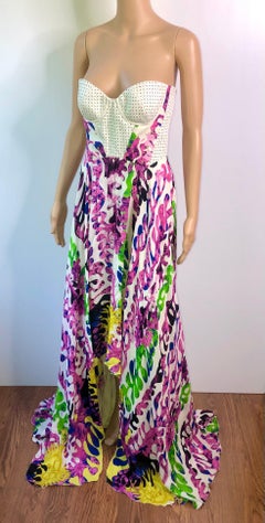 Versace Bustier Laser-Cut Leather Silk Evening Dress Gown