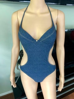 Versace Bustier Plunging Open Back Cutout Denim Print Swimwear Swimsuit