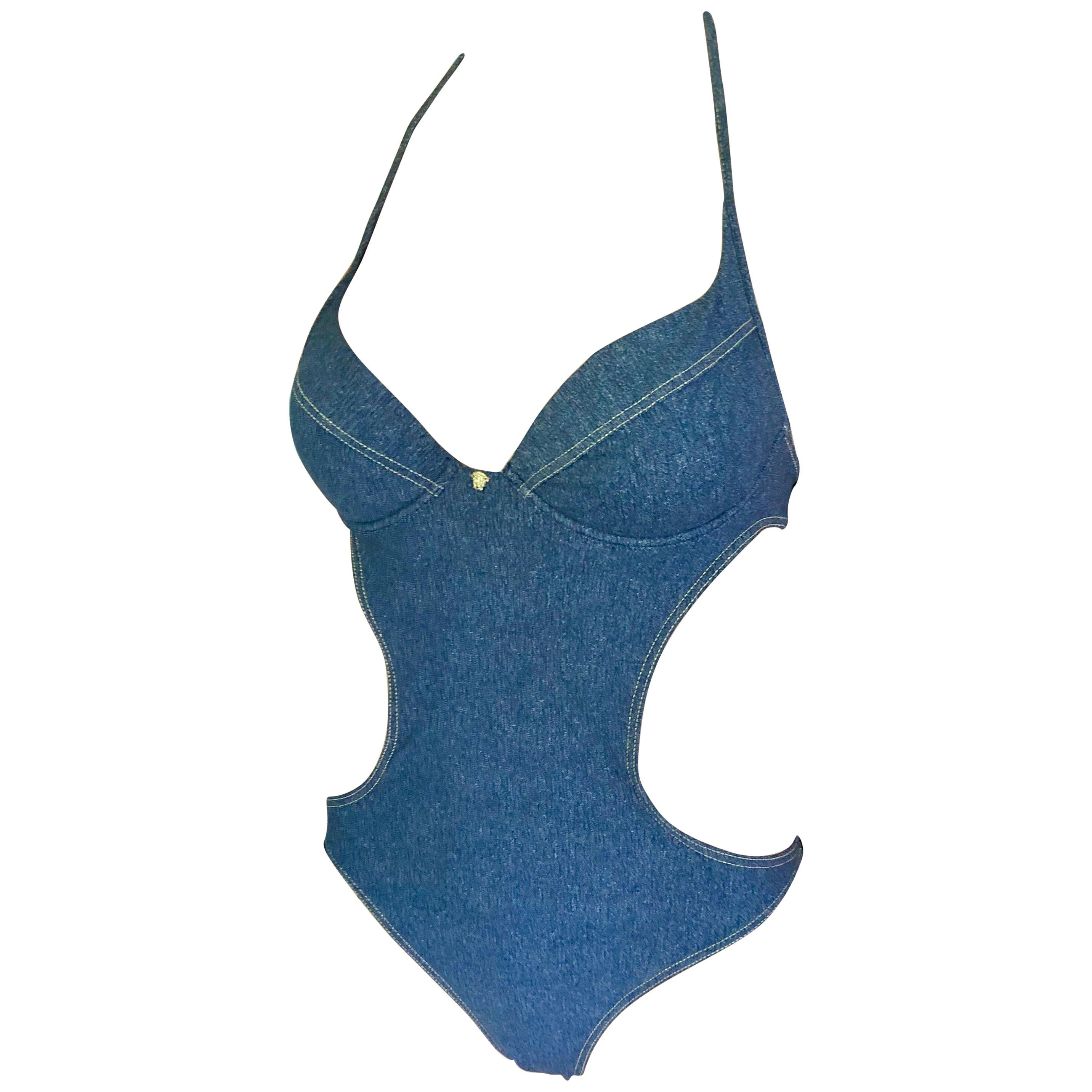 Versace Bustier Plunging Open Back Cutout Denim Print Swimwear Maillot de bain