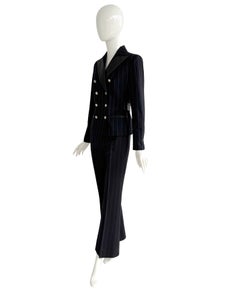Versace by Donatella FW 1998 Black Purple Pinstripe Suit With Leather Trim
