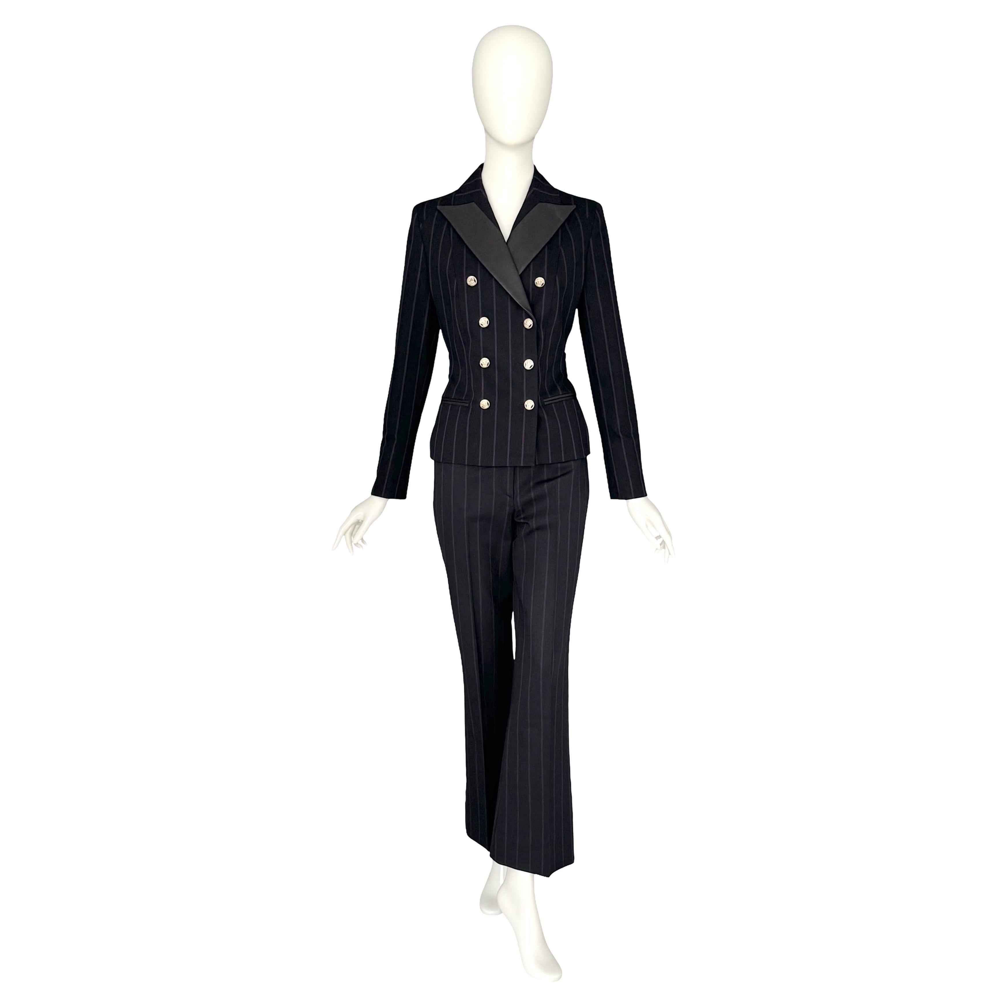 Versace by Donatella Versace FW 1998 Negro Morado Traje A Rayas Con Detalles De Cuero en venta