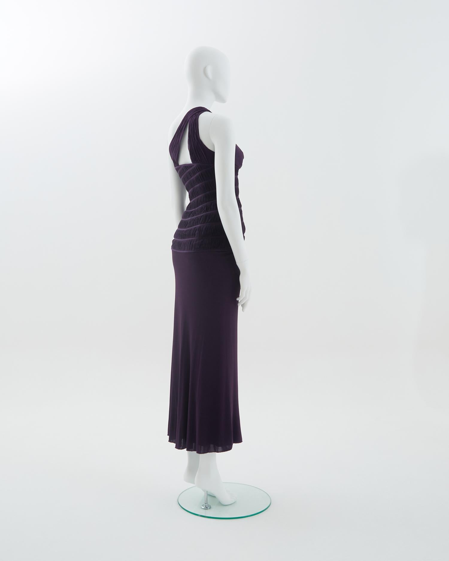 Women's Versace by Donatella Pre-Fall 2008 Ruched purple stretch slit gown  For Sale